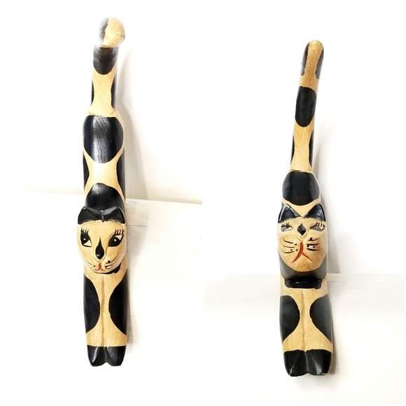 Vintage Black and Brown Wooden Stretching Cat Sculpture Figurine - Picture 6 of 10
